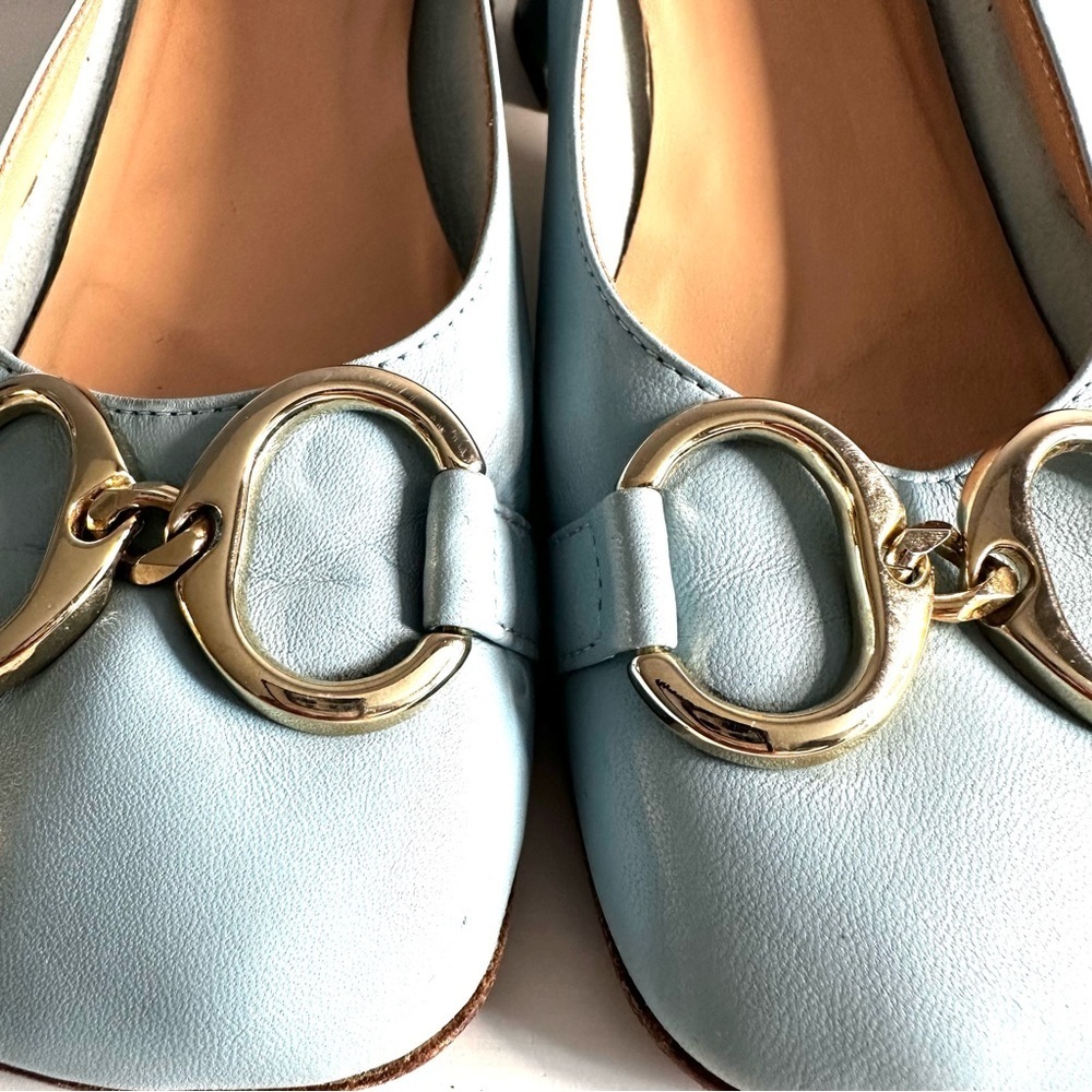 SCARLET Made in Italy, Low Block Heel, Leather, Baby Blue, Buckle Detail, Sz 8.5 - Picture 2 of 11